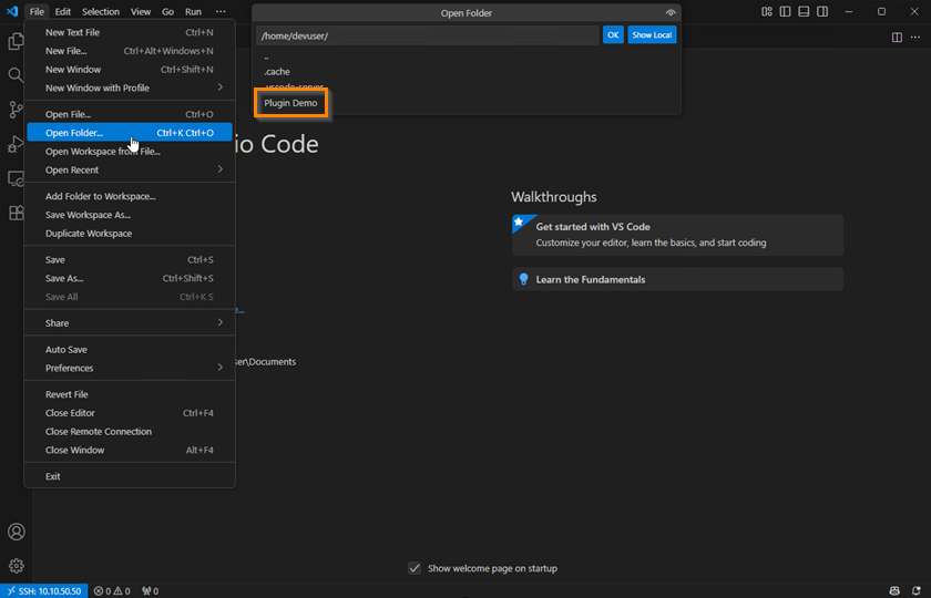 Open folder on remote system