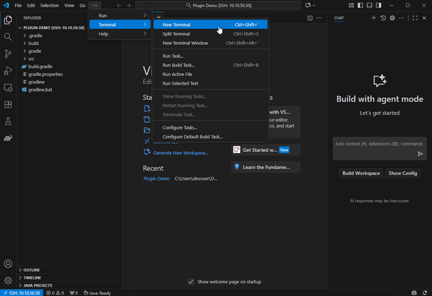 Open new terminal in remote Visual Studio Code