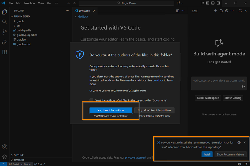 Trust and install extensions prompt