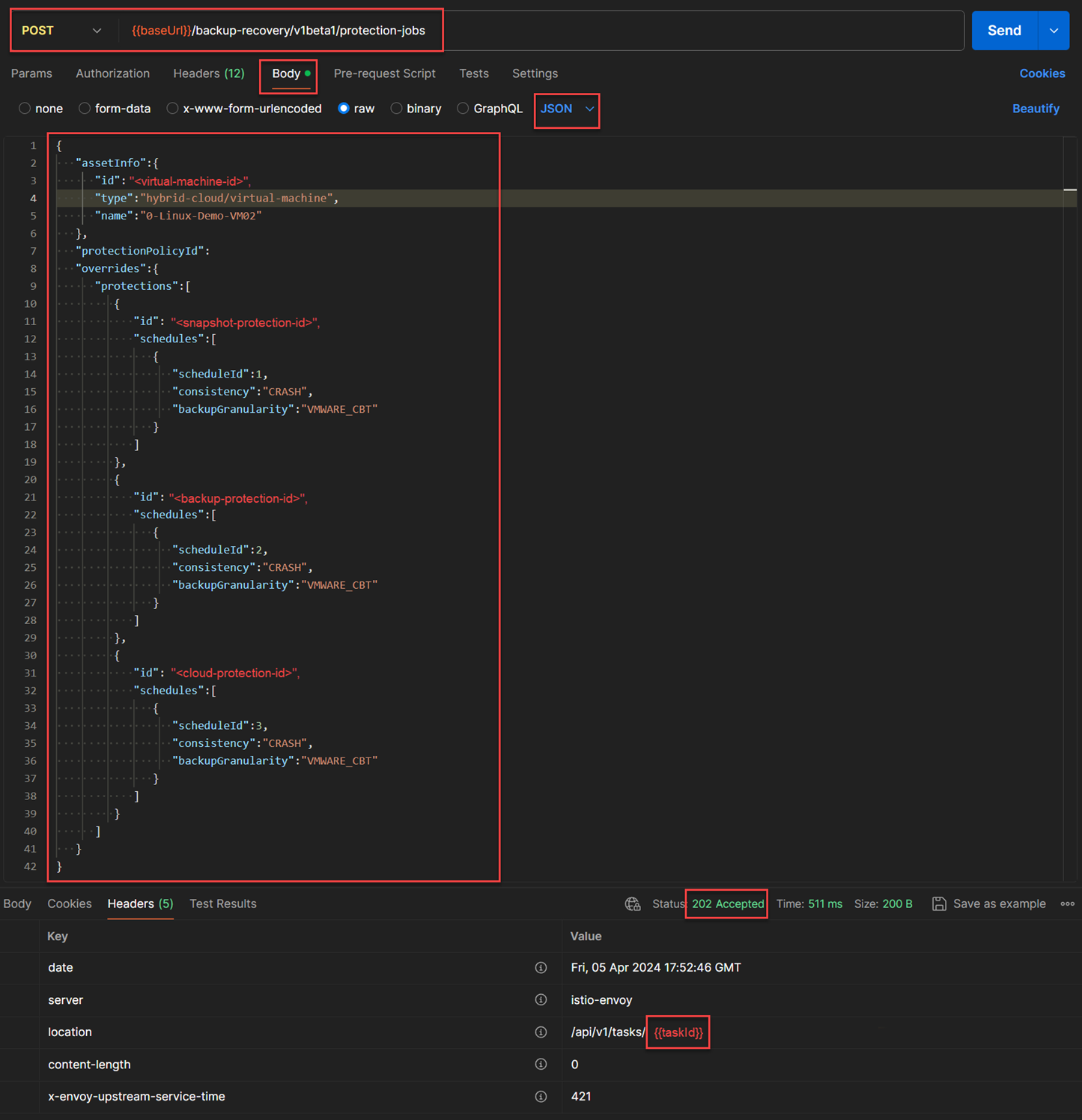 API to apply protection policy against the VM