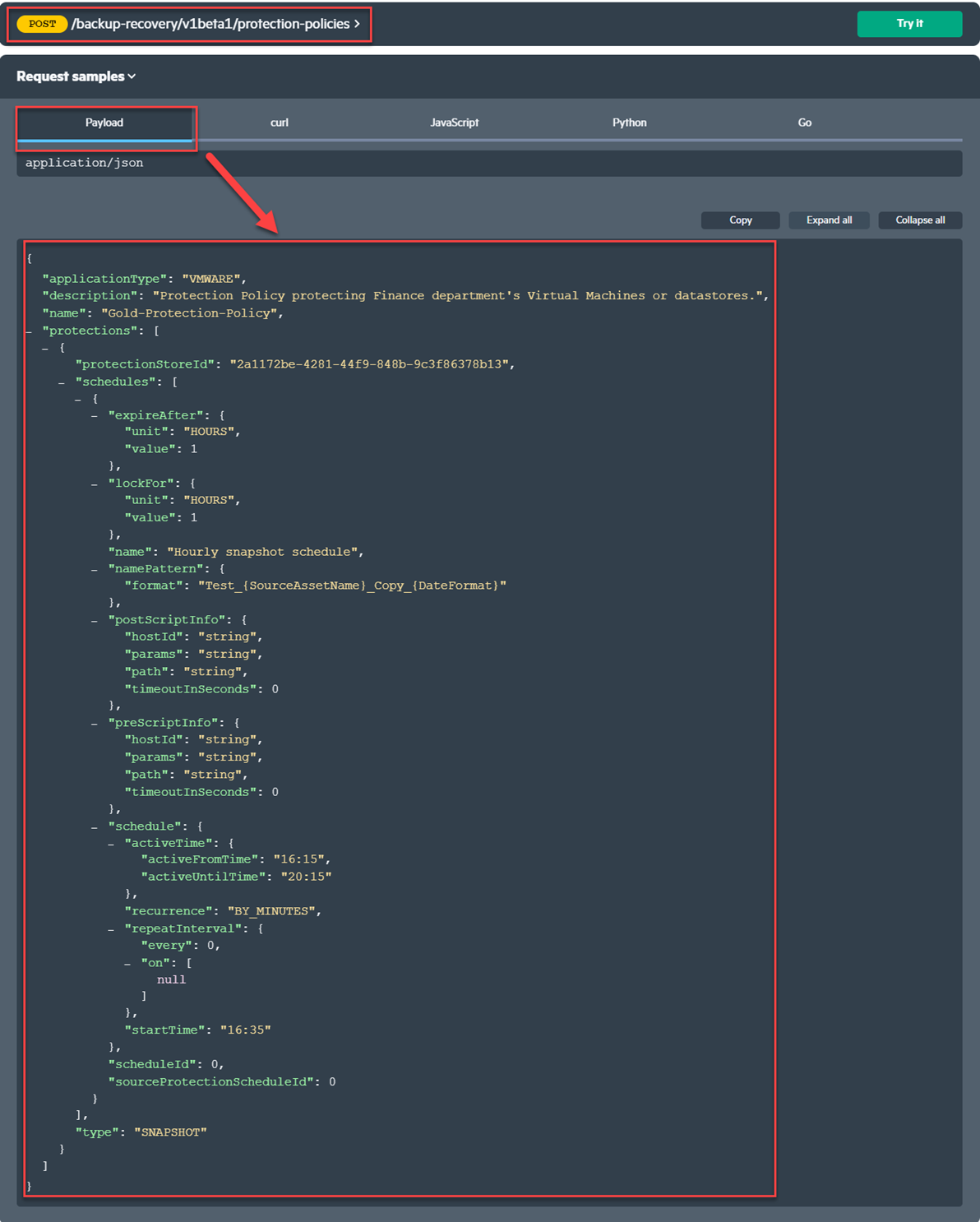 API request body JSON for protection policy creation