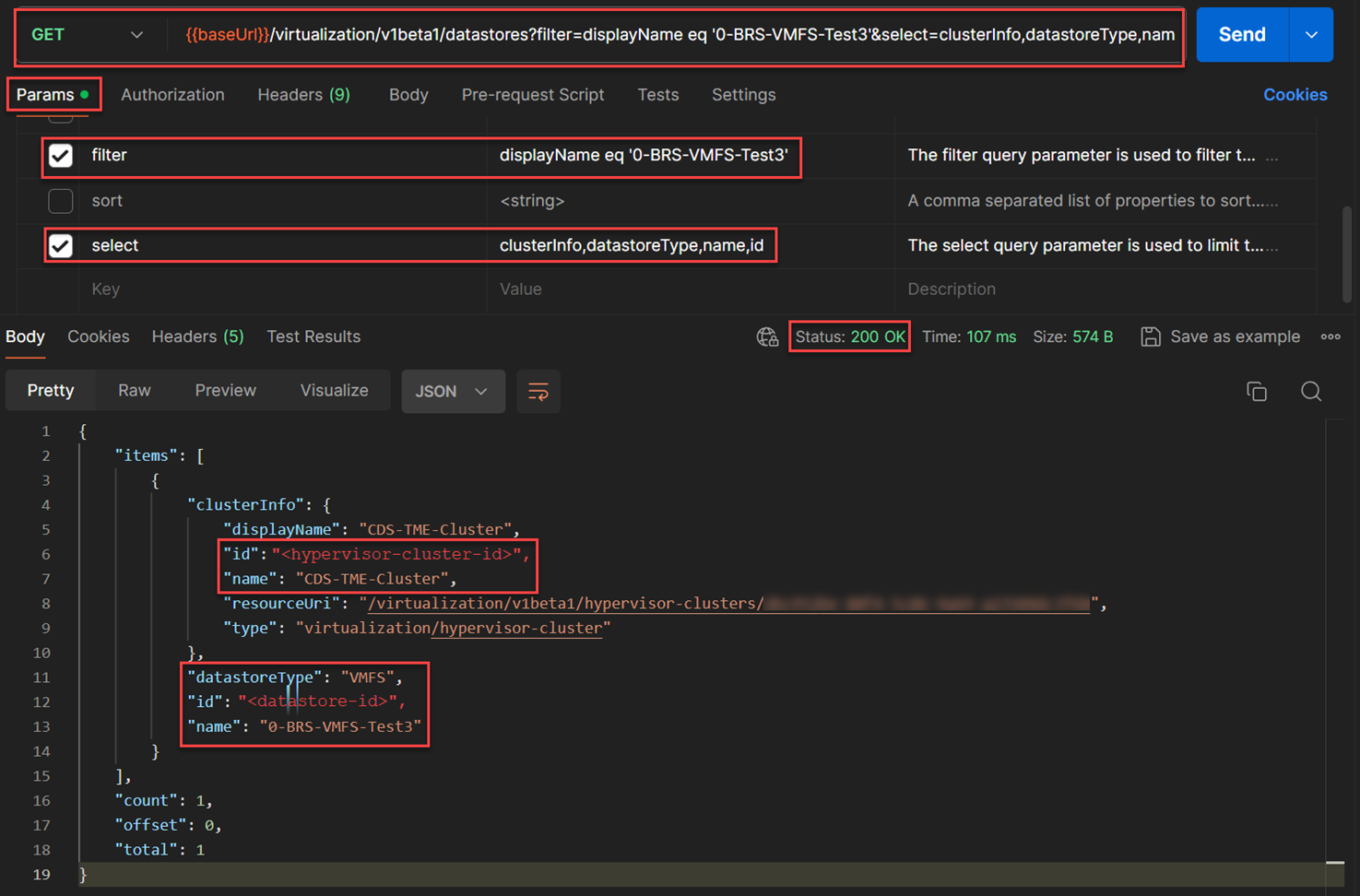 API to obtain the cluster and datastore Ids