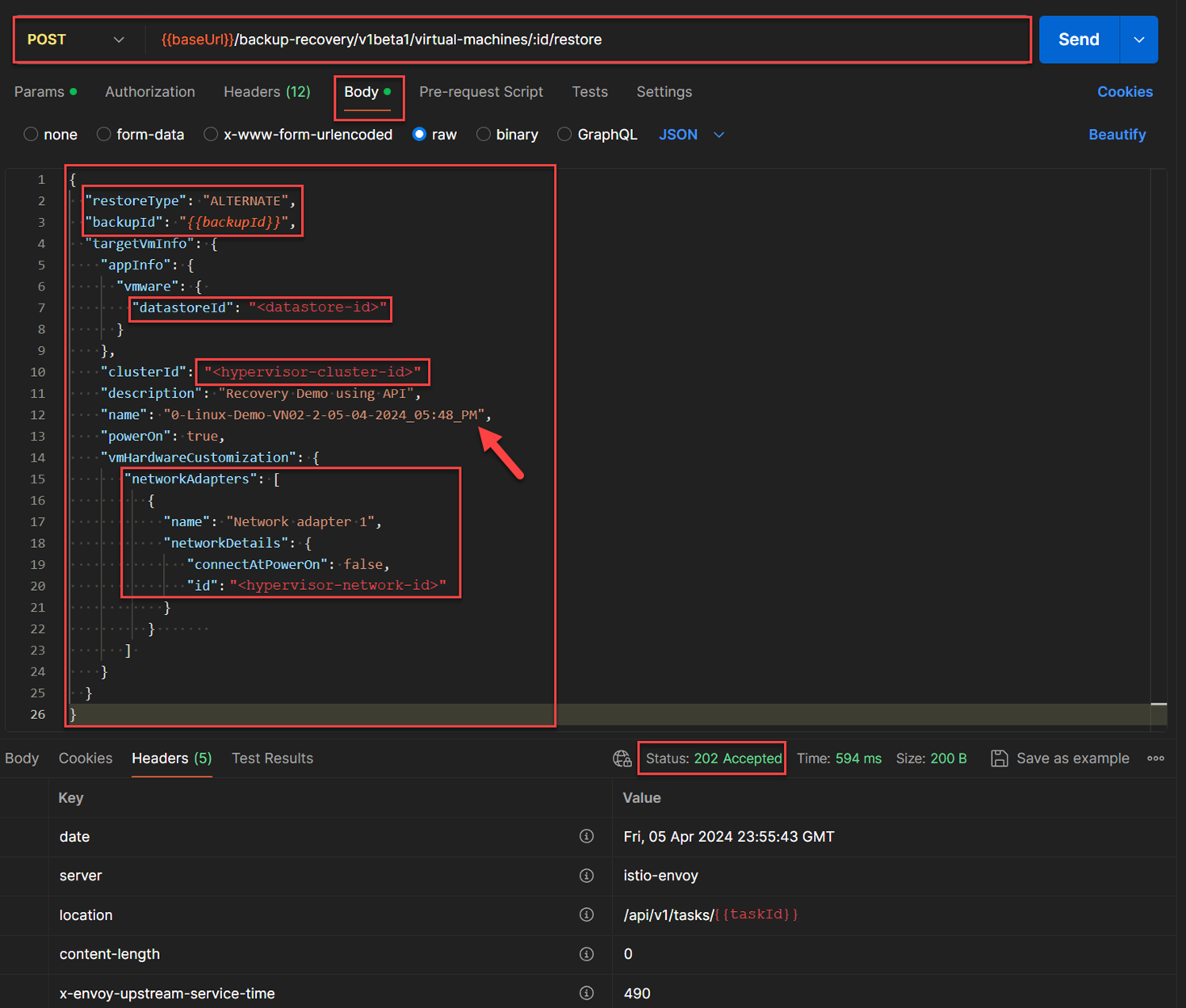 API to recover a cloud protection copy from a VM