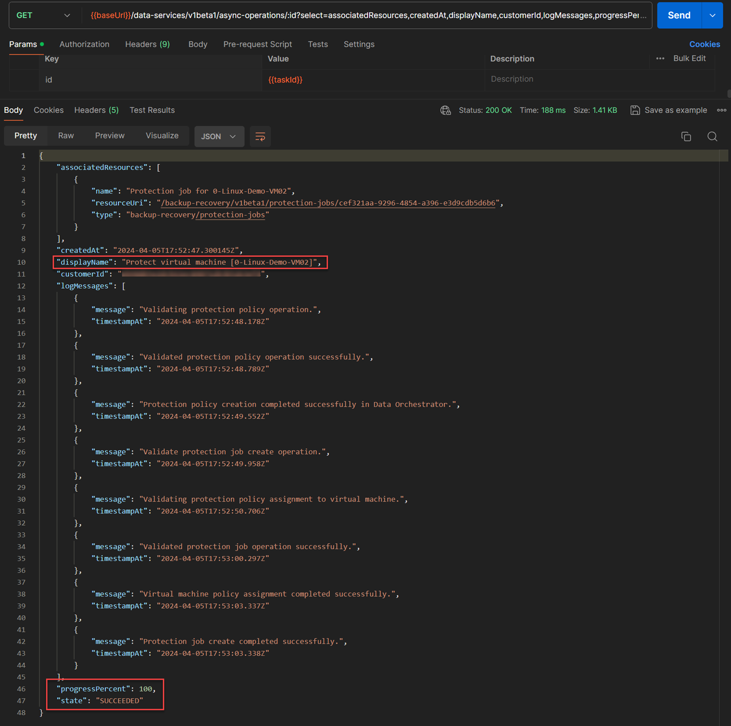 Task list to display completion of the application of protection policy against a VM producing protection jobs