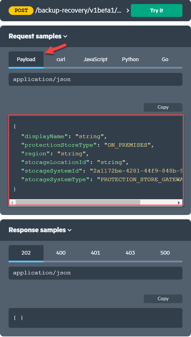 API Request body JSON to compose protection Store