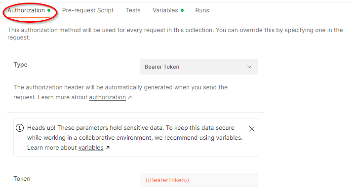 Authorization type (bearer token) specified at the collection level