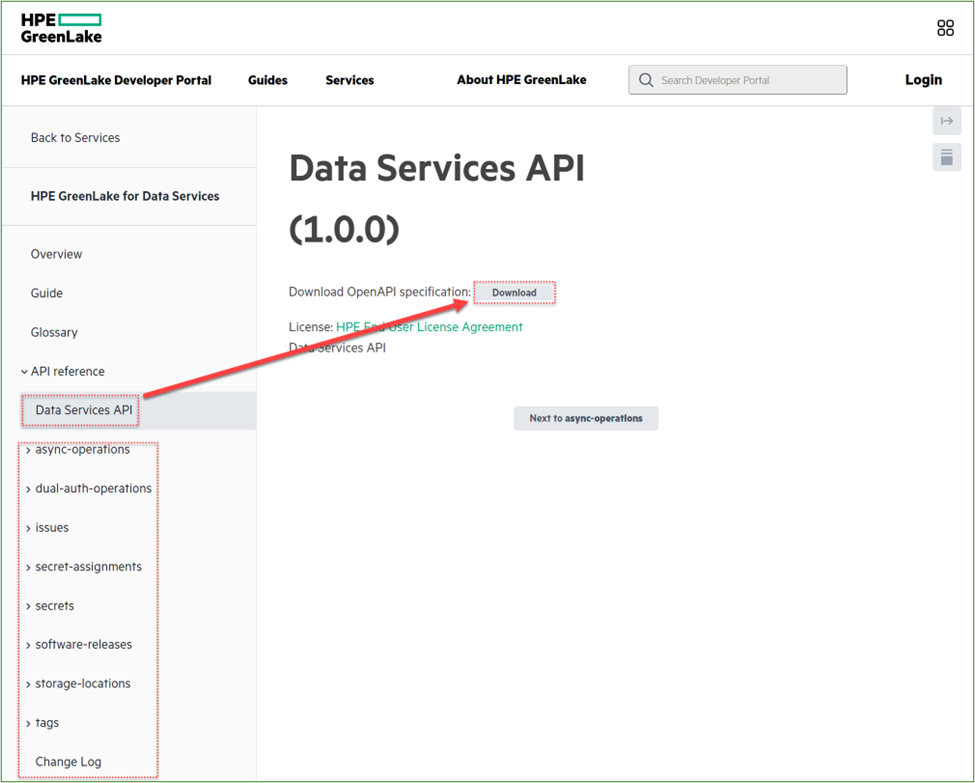 Figure 1. HPE GreenLake API for Data Services List
