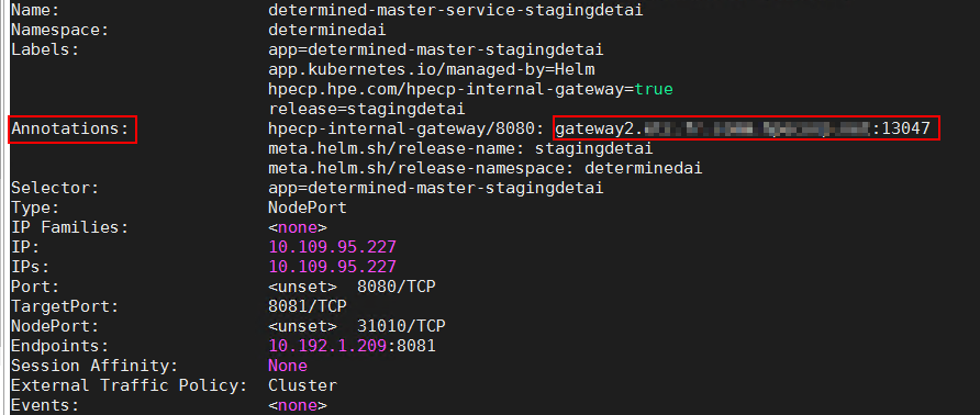 Ingress Gateway URL for the Determined Master endpoint service