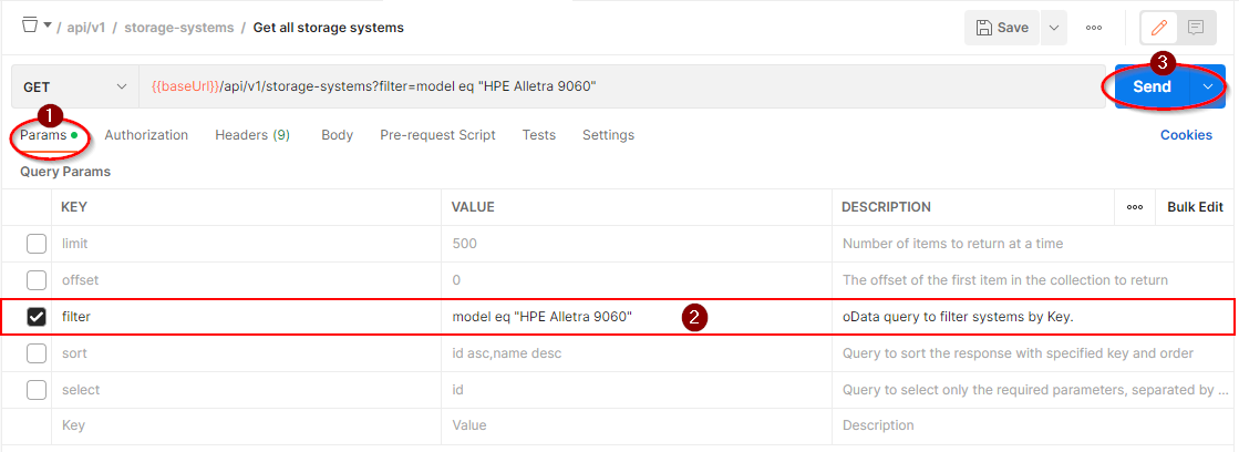 REST API request with query parameter to search for storage array of type HPE Alletra 9060