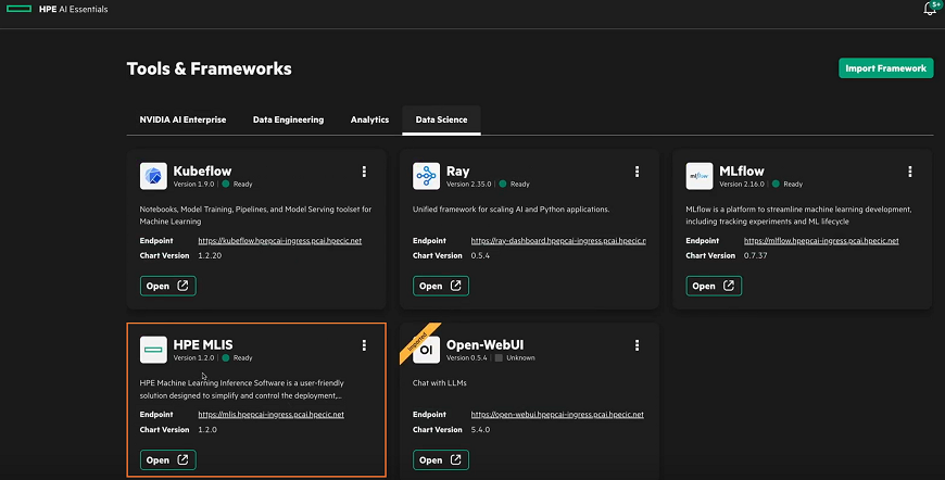 Computer screen showing the HPE Private Cloud AI user interface and the HPE MLIS tile is highlighted.