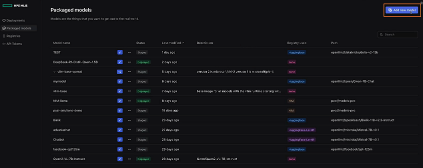 Computer screen showing packaged AI models and a selection to add a new model.