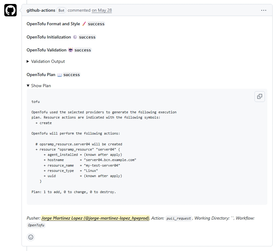 Screenshot of a GitHub comment, containing information about a OpenTofu plan.