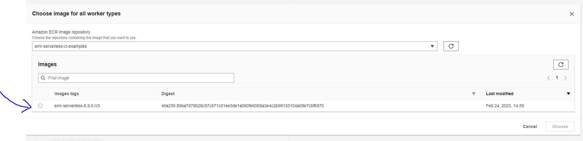 EMR Serverless Management Console to choose the Docker image