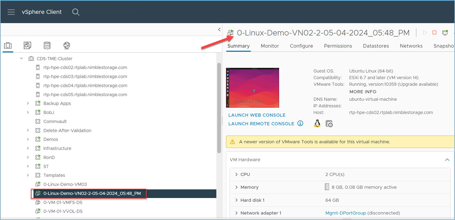 vCenter display the VM recovery completed