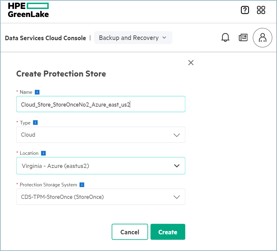 UI to create a cloud protection s﻿ite o﻿n Microsoft Azurea﻿t the eastus2 storage location