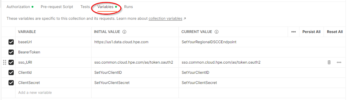 HPE Data Services Cloud Console collection variables