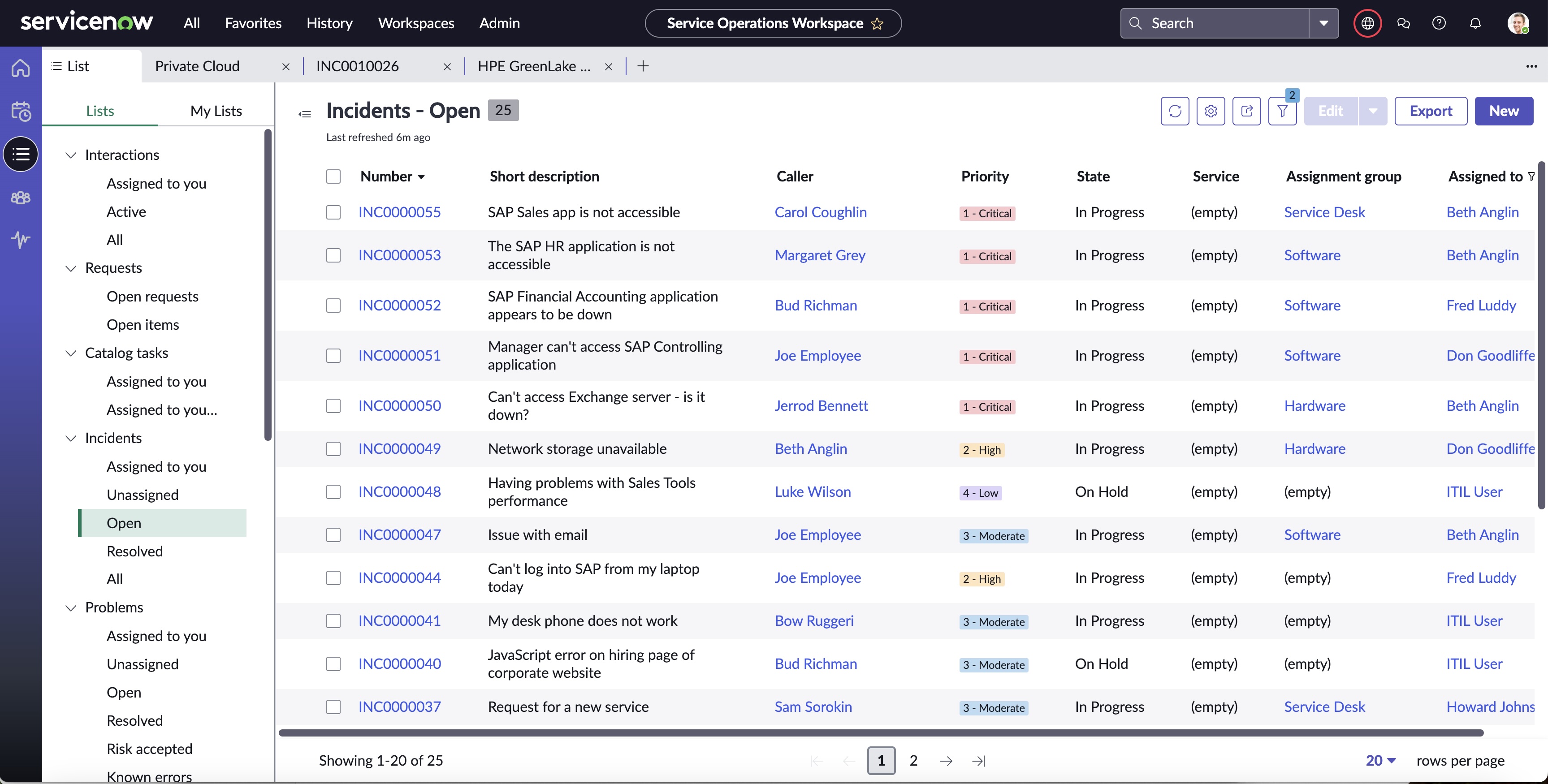 ServiceNow console before event received